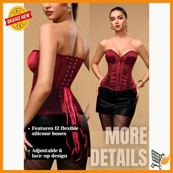 Satin Corset Top with Underwire & Boning, Adjustable Lace-Up Fit Sizes 00-18
